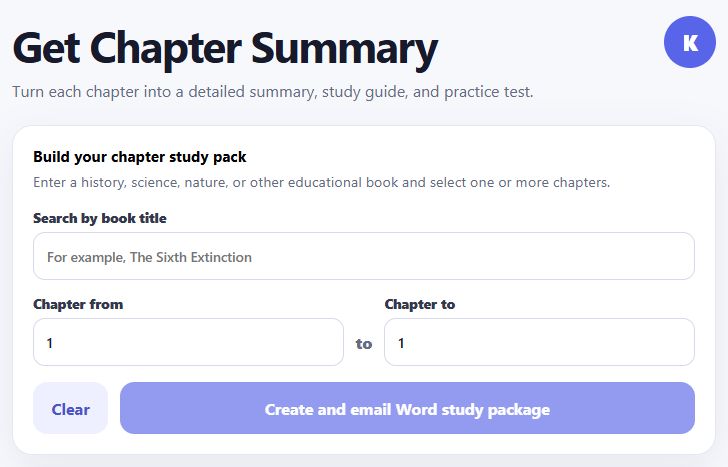Actual Get Chapter Summary app showing its title, book search, chapter range fields, and Create and email Word study package button.